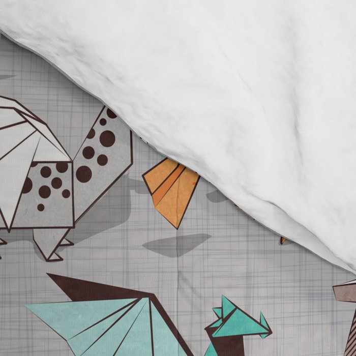 Origami dragon friends // grey linen texture background aqua orange grey and taupe fantastic creatures Comforter Gallery Image 4