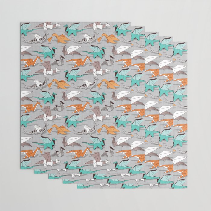 Origami dragon friends // grey linen texture background aqua orange grey and taupe fantastic creatures Wrapping Paper Gallery Image 3