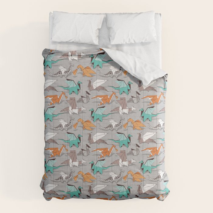 Origami dragon friends // grey linen texture background aqua orange grey and taupe fantastic creatures Comforter Gallery Image 1