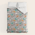 Origami dragon friends // grey linen texture background aqua orange grey and taupe fantastic creatures Duvet Cover Gallery Image 6