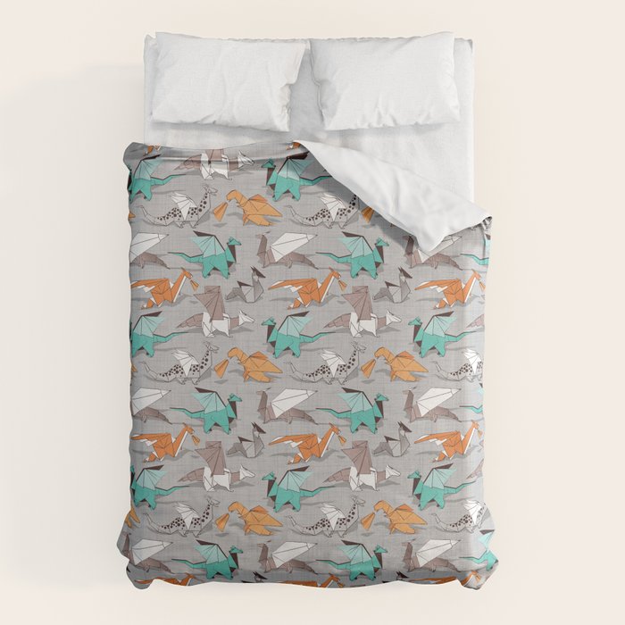Origami dragon friends // grey linen texture background aqua orange grey and taupe fantastic creatures Duvet Cover Gallery Image 6