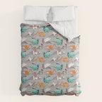 Origami dragon friends // grey linen texture background aqua orange grey and taupe fantastic creatures Comforter Gallery Image 6