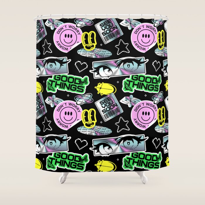 Retro holographic Y2K sticker pattern Shower Curtain Gallery Image 1