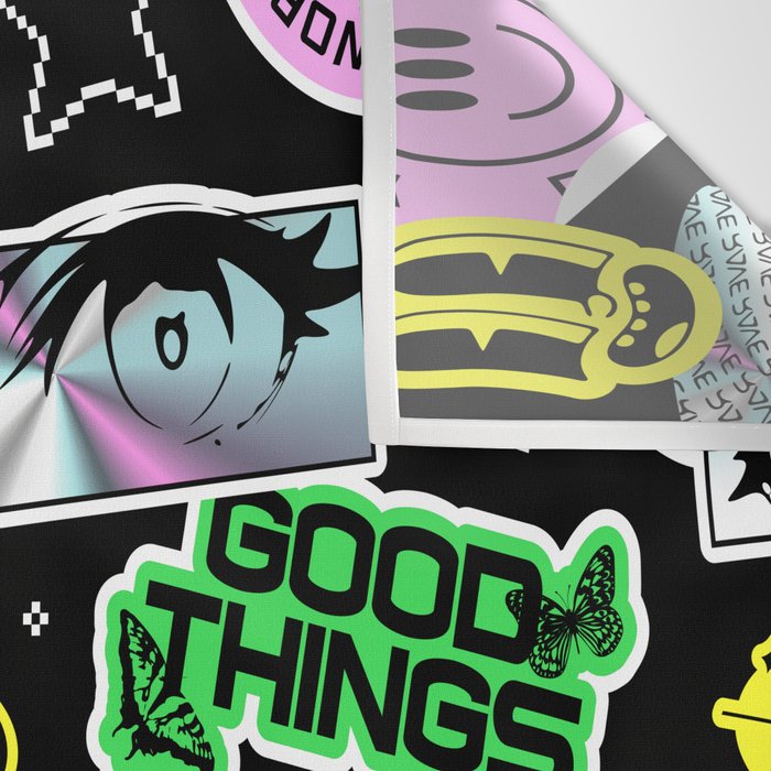 Retro holographic Y2K sticker pattern Wall Tapestry Gallery Image 3