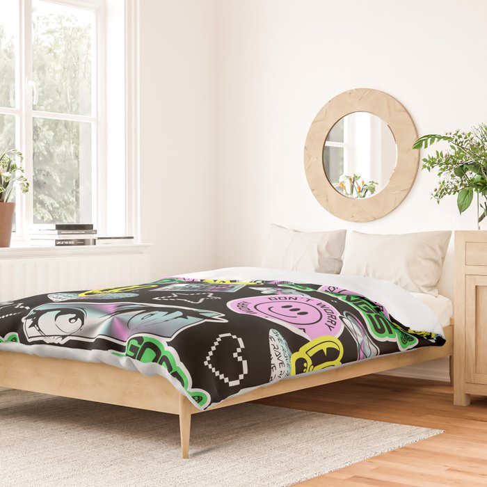 Retro holographic Y2K sticker pattern Duvet Cover Gallery Image 2