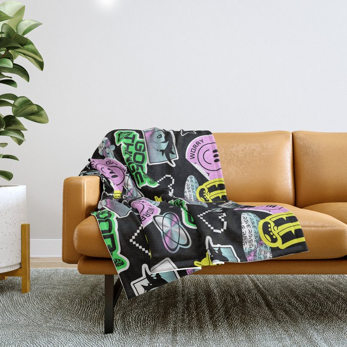 Retro holographic Y2K sticker pattern Throw Blanket Gallery Image 1