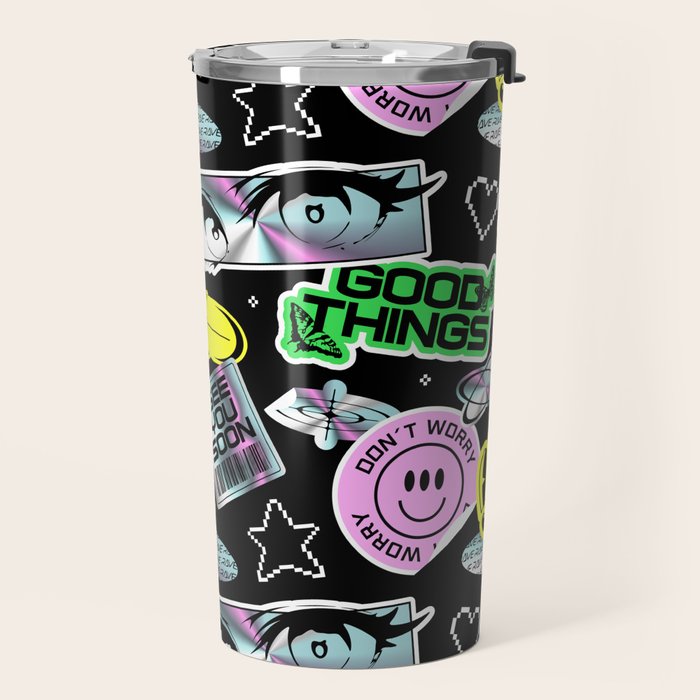 Retro holographic Y2K sticker pattern Travel Mug Gallery Image 2