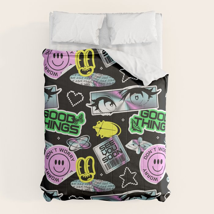 Retro holographic Y2K sticker pattern Comforter Gallery Image 6