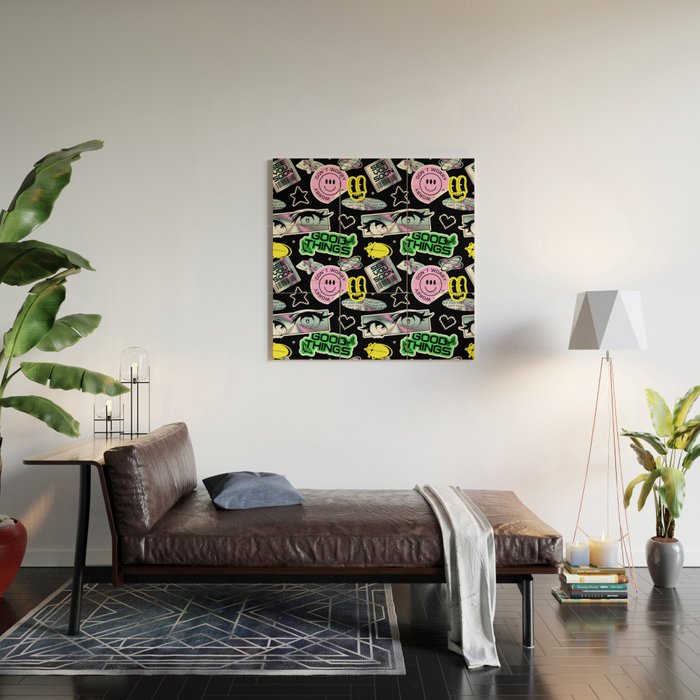 Retro holographic Y2K sticker pattern Wood Wall Art Gallery Image 2