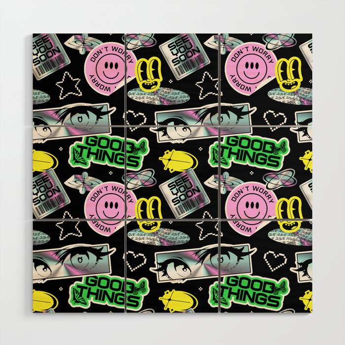 Retro holographic Y2K sticker pattern Wood Wall Art Gallery Image 1