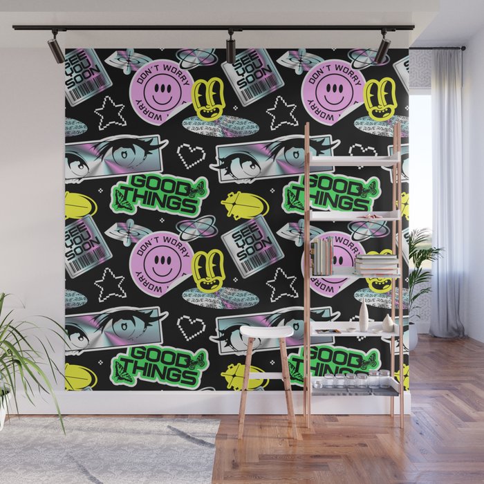 Retro holographic Y2K sticker pattern Wall Mural Gallery Image 1