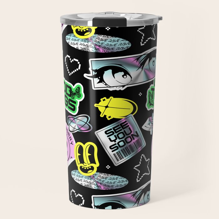 Retro holographic Y2K sticker pattern Travel Mug Gallery Image 1