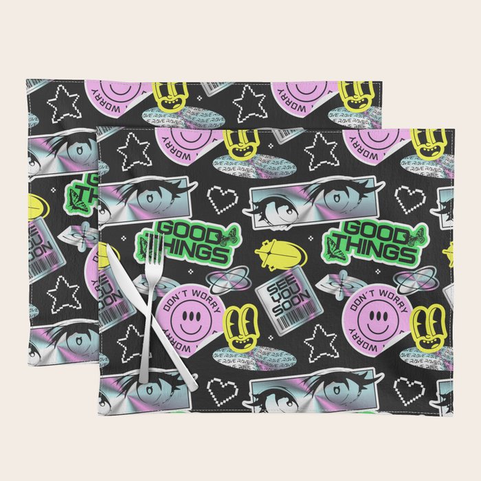 Retro holographic Y2K sticker pattern Placemat Gallery Image 1