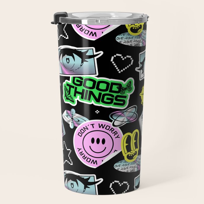 Retro holographic Y2K sticker pattern Travel Mug Gallery Image 3