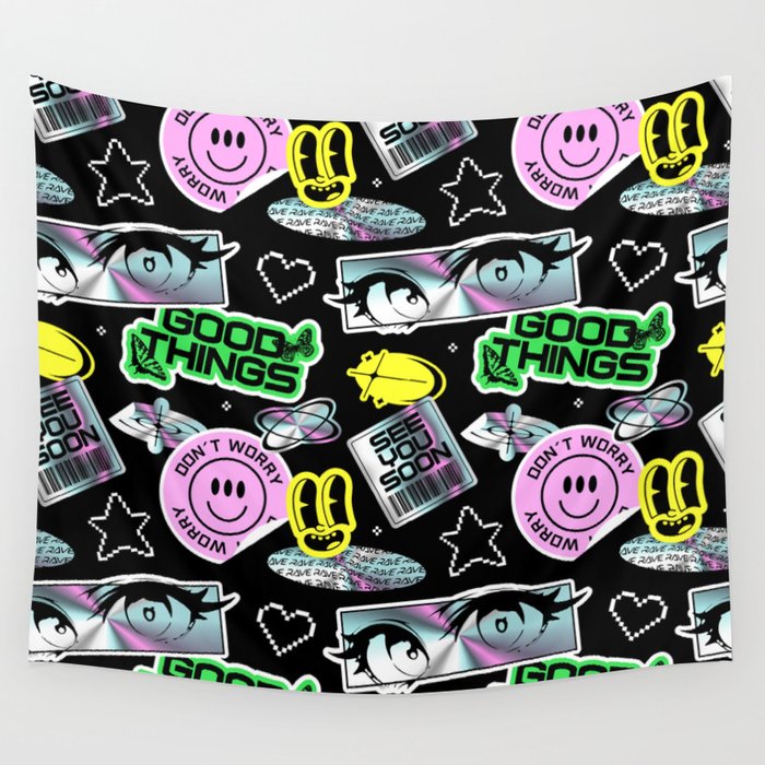 Retro holographic Y2K sticker pattern Wall Tapestry Gallery Image 1