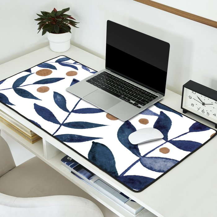 Watercolor berries and branches - indigo and beige Desk Mat Gallery Image 2
