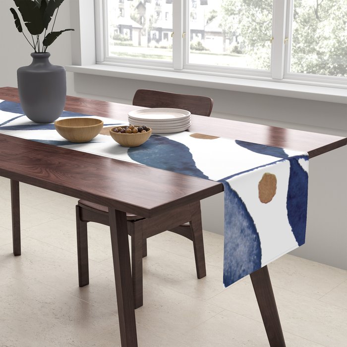 Watercolor berries and branches - indigo and beige Table Runner Gallery Image 2