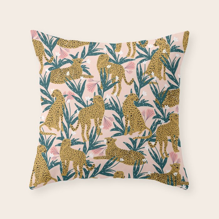 Cheetah jungle print on blush pink  Throw Pillow Gallery Image 1