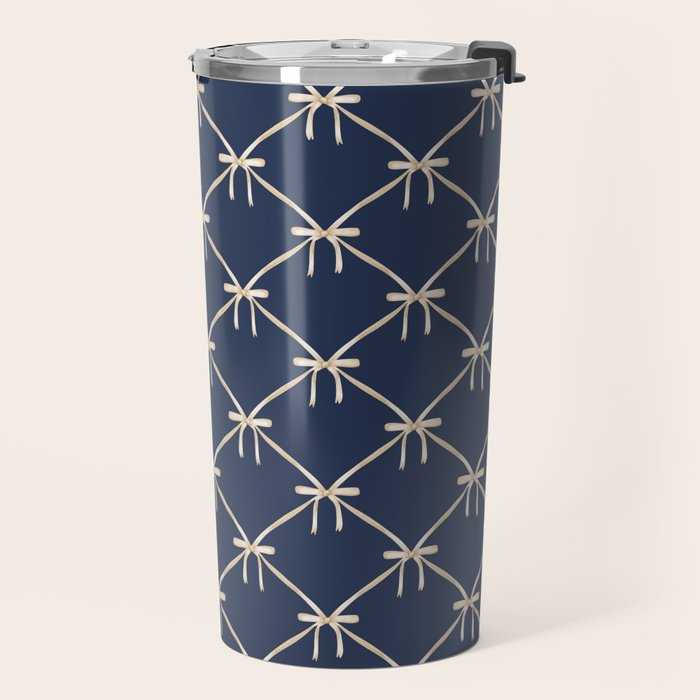 Bows & Ribbons Pattern XLII Dark Navy Blue Travel Mug Gallery Image 2