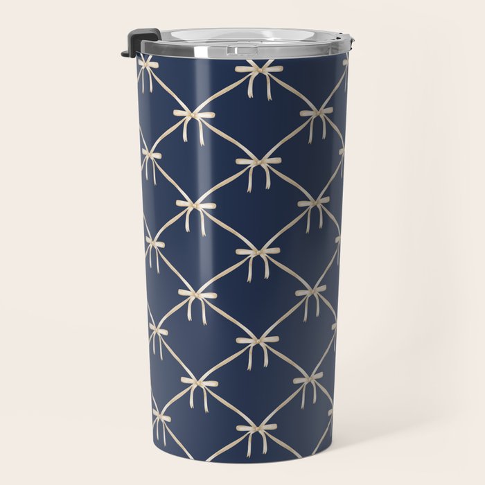 Bows & Ribbons Pattern XLII Dark Navy Blue Travel Mug Gallery Image 3