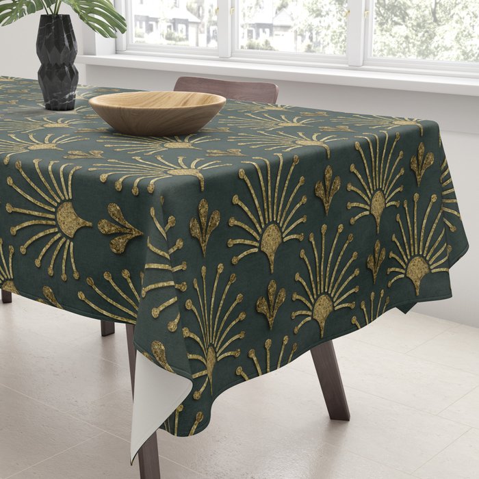 Retro Art Deco Pattern Gold On Green Velvet Tablecloth Gallery Image 3