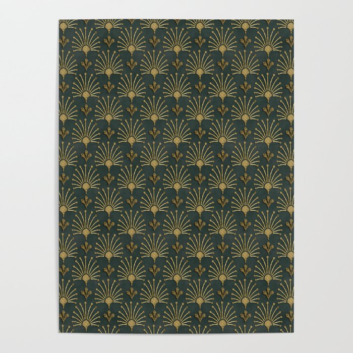 Retro Art Deco Pattern Gold On Green Velvet Poster Gallery Image 1