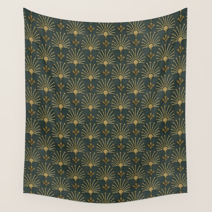 Retro Art Deco Pattern Gold On Green Velvet Wall Tapestry Gallery Image 4