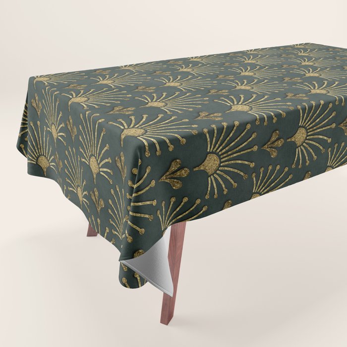 Retro Art Deco Pattern Gold On Green Velvet Tablecloth Gallery Image 1