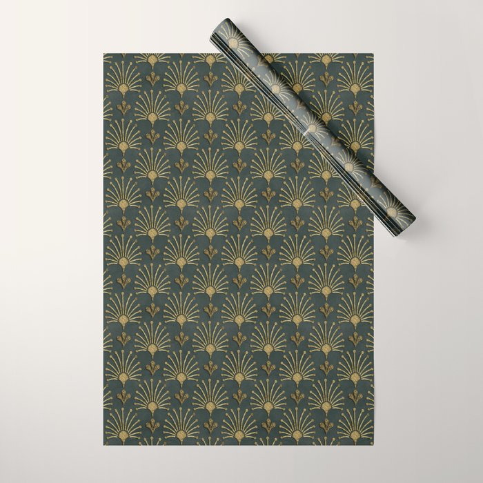 Retro Art Deco Pattern Gold On Green Velvet Wrapping Paper Gallery Image 1