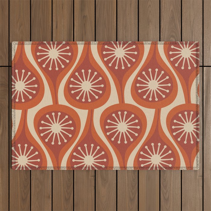 Mid Century Modern Atomic Drops Retro Pattern in Midcentury Burnt Orange and Beige Outdoor Rug Gallery Image 1