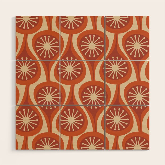 Mid Century Modern Atomic Drops Retro Pattern in Midcentury Burnt Orange and Beige Wood Wall Art Gallery Image 1
