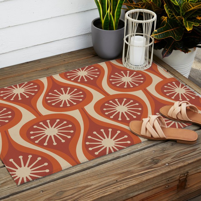 Mid Century Modern Atomic Drops Retro Pattern in Midcentury Burnt Orange and Beige Outdoor Rug Gallery Image 2