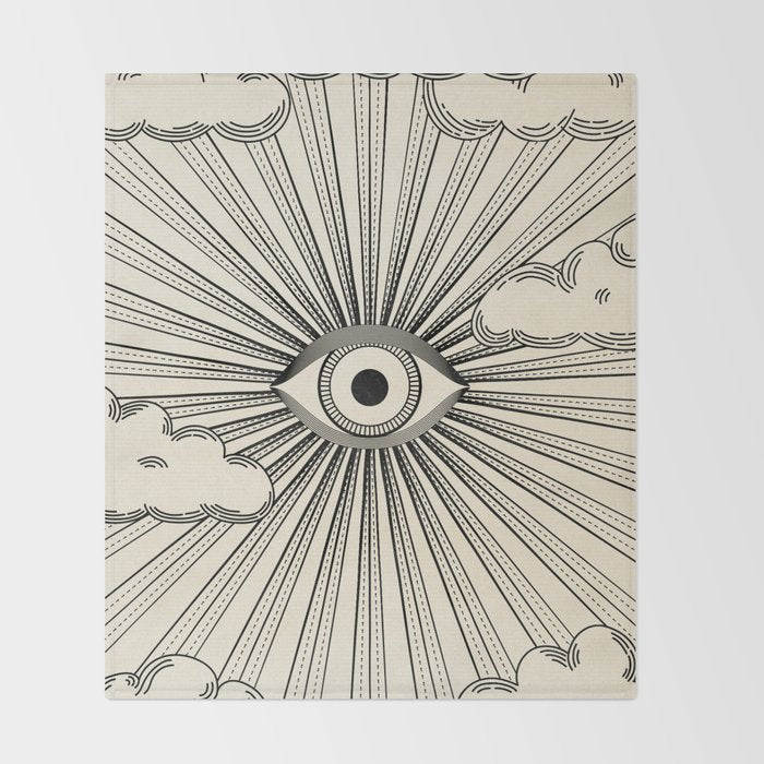 Radiant eye minimal sky scene with clouds - black lines on neutral Throw Blanket Gallery Image 2