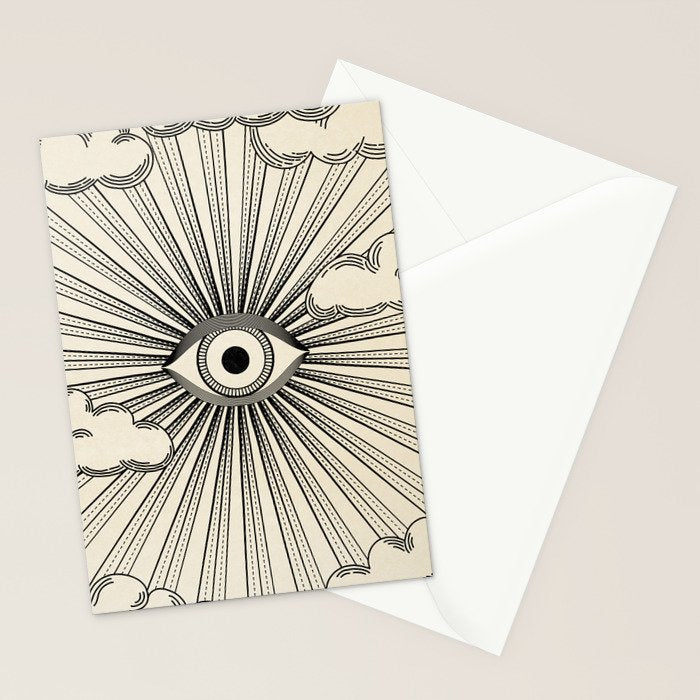 Radiant eye minimal sky scene with clouds - black lines on neutral Stationery Card Gallery Image 2