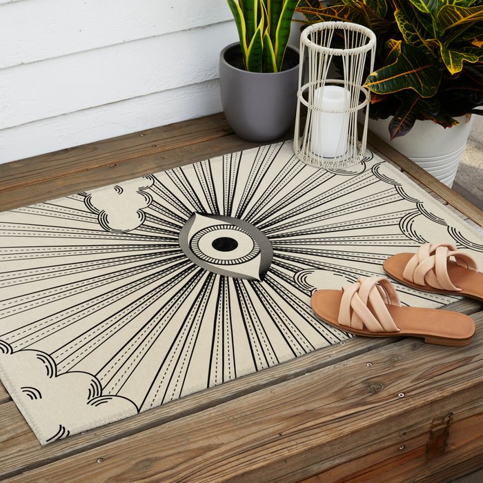 Radiant eye minimal sky scene with clouds - black lines on neutral Outdoor Rug Gallery Image 2