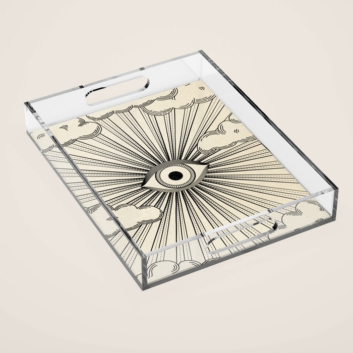 Radiant eye minimal sky scene with clouds - black lines on neutral Acrylic Tray Gallery Image 1