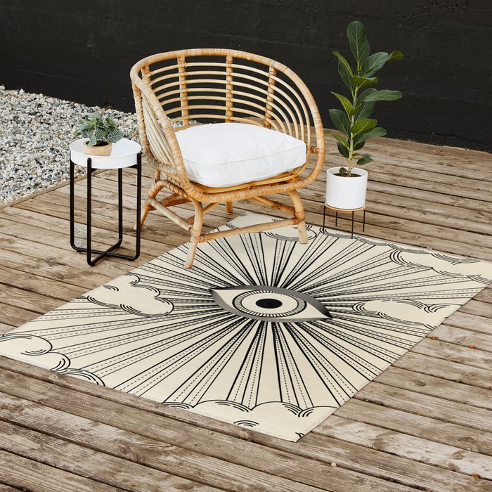 Radiant eye minimal sky scene with clouds - black lines on neutral Outdoor Rug Gallery Image 2