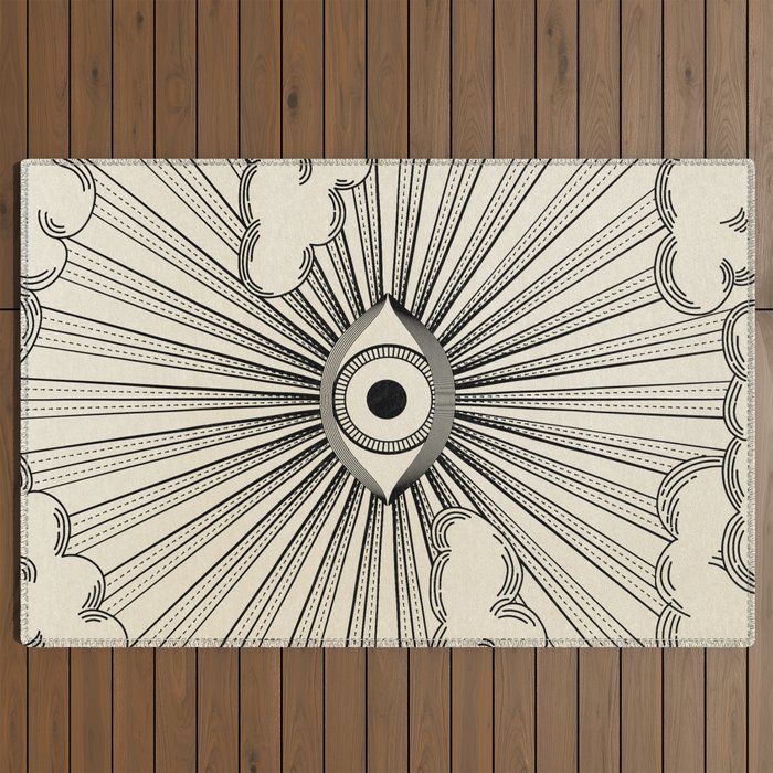 Radiant eye minimal sky scene with clouds - black lines on neutral Outdoor Rug Gallery Image 2