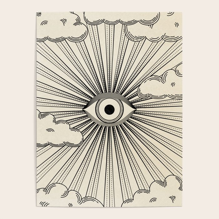 Radiant eye minimal sky scene with clouds - black lines on neutral Poster Gallery Image 4