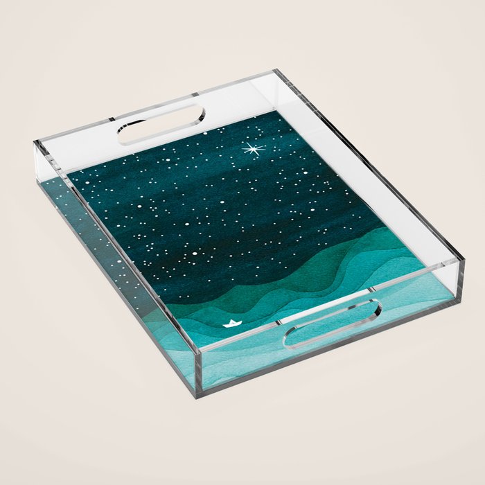 Starry Ocean, teal sailboat watercolor sea waves night Acrylic Tray Gallery Image 1