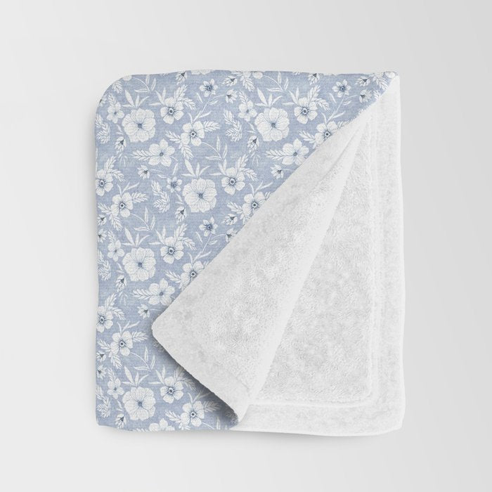 Hand drawn blue and white florals Throw Blanket Gallery Image 3