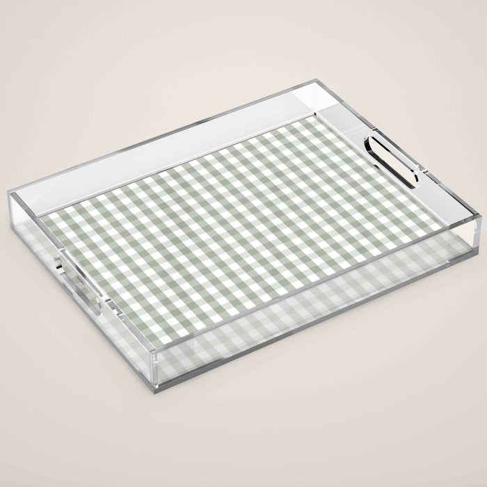 Desert Sage Grey Green and White Gingham Check Acrylic Tray Gallery Image 1