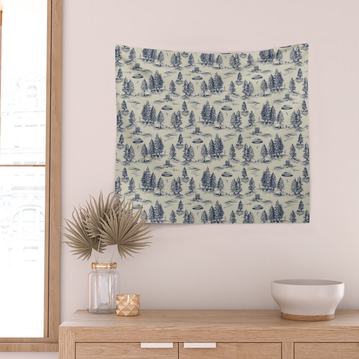 Alien Abduction Toile De Jouy Pattern in Blue Wall Tapestry Gallery Image 2