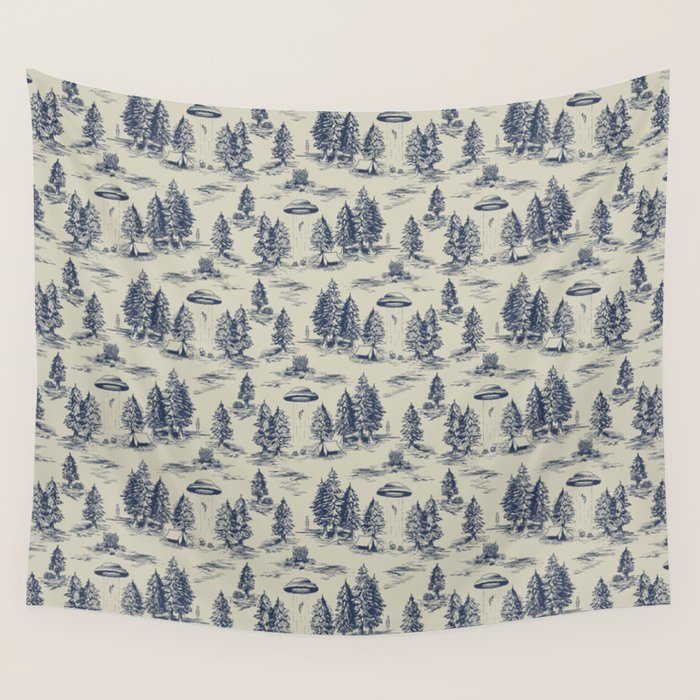 Alien Abduction Toile De Jouy Pattern in Blue Wall Tapestry Gallery Image 4