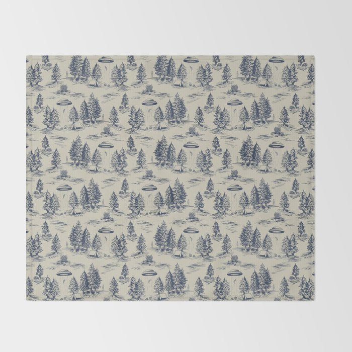 Alien Abduction Toile De Jouy Pattern in Blue Throw Blanket Gallery Image 2