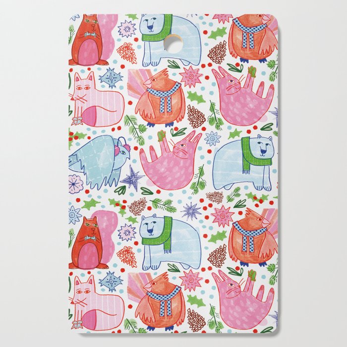 Winter Forest Woodland Animals in Pink & Blue Cutting Board Gallery Image 1