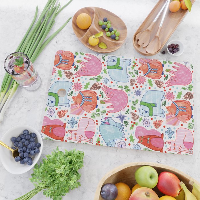 Winter Forest Woodland Animals in Pink & Blue Cutting Board Gallery Image 2