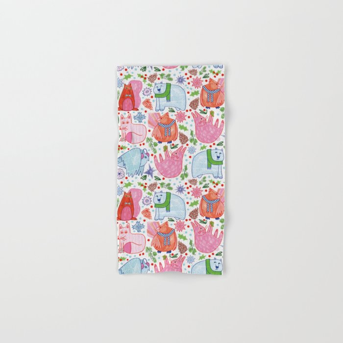 Winter Forest Woodland Animals in Pink & Blue Bath Towel Gallery Image 1