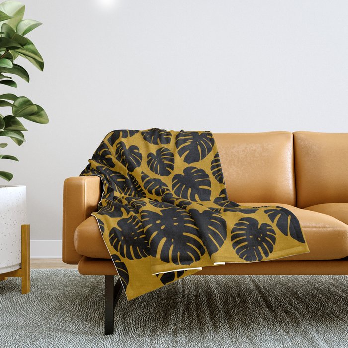 Monstera - Dark Yellow Throw Blanket Gallery Image 1