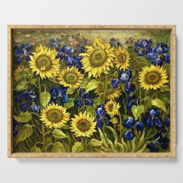 Sunflowers & Blue Irises by Vincent van Gogh Serving Tray Gallery Image 1